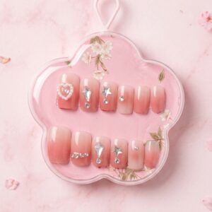 Flower Nails with White Bow Crystal Design Korean Sweet Style Nails