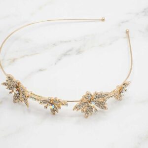 Dainty Gold-tone Bridal Hair Band tiara Rhinestone Maple leaves.