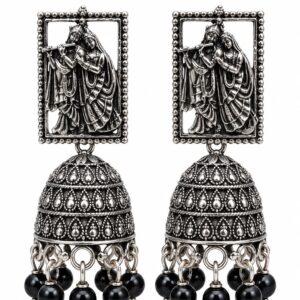 Oxidized Silver Jhumka Earrings with Black Beads